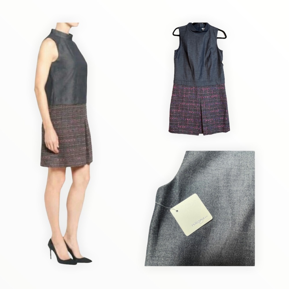 Halogen Sleeveless Denim and Tweed Drop Waist Dress
